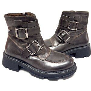 MIZ MOOZ LEATHER BOOTS BUCKLE SIDE ZIPPER BROWN 37EU / 7US NEW # Z-183